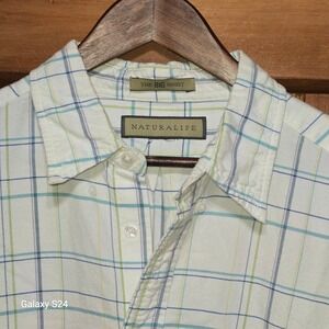 Naturalife The Big Shirt Mens Long Sleeve Windowpane Plaid Button Down Cream XL
